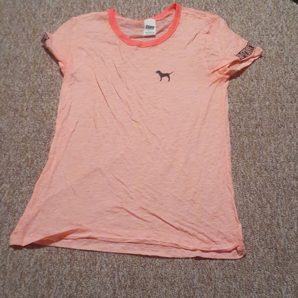 PINK Victoria's Secret Peach Ringer Tee Size M Dog Logo Short Sleeve